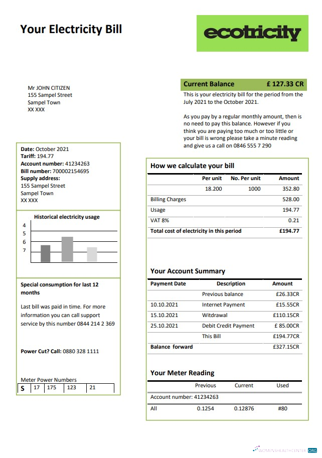 United Kingdom Ecotricity electricity utility bill template in Word and PDF format (.doc and .pdf)